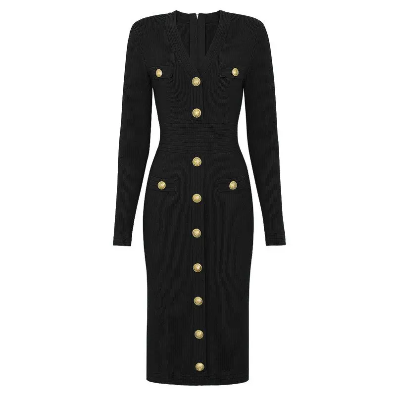 High Quality Knitted Slim Fit Long Sleeve V-Neck Dress Fashionable Classic Style for Women Commute Style mid Waist Design