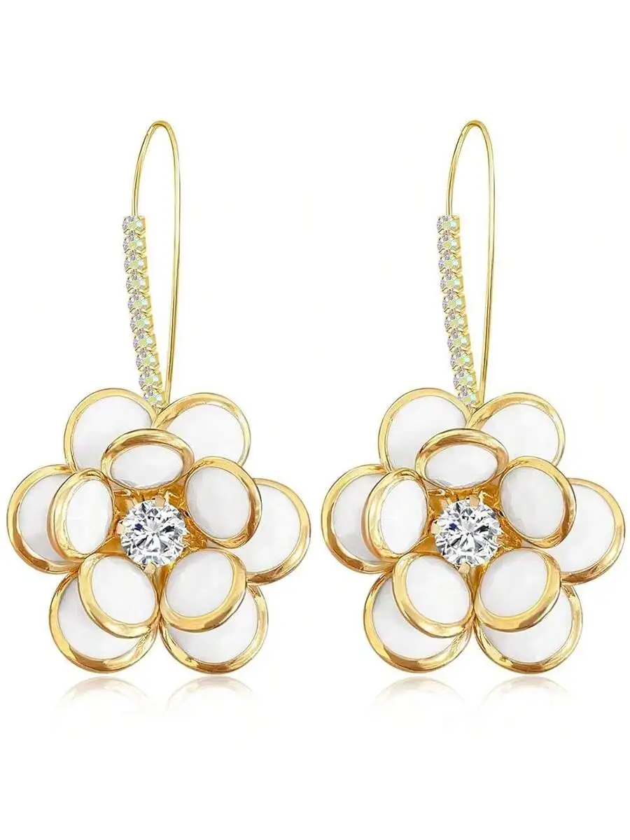 

Elegant Crystal Camellia Flower Dangle Earrings With Gold-Tone Hoop And Rhinestone Accents For Women