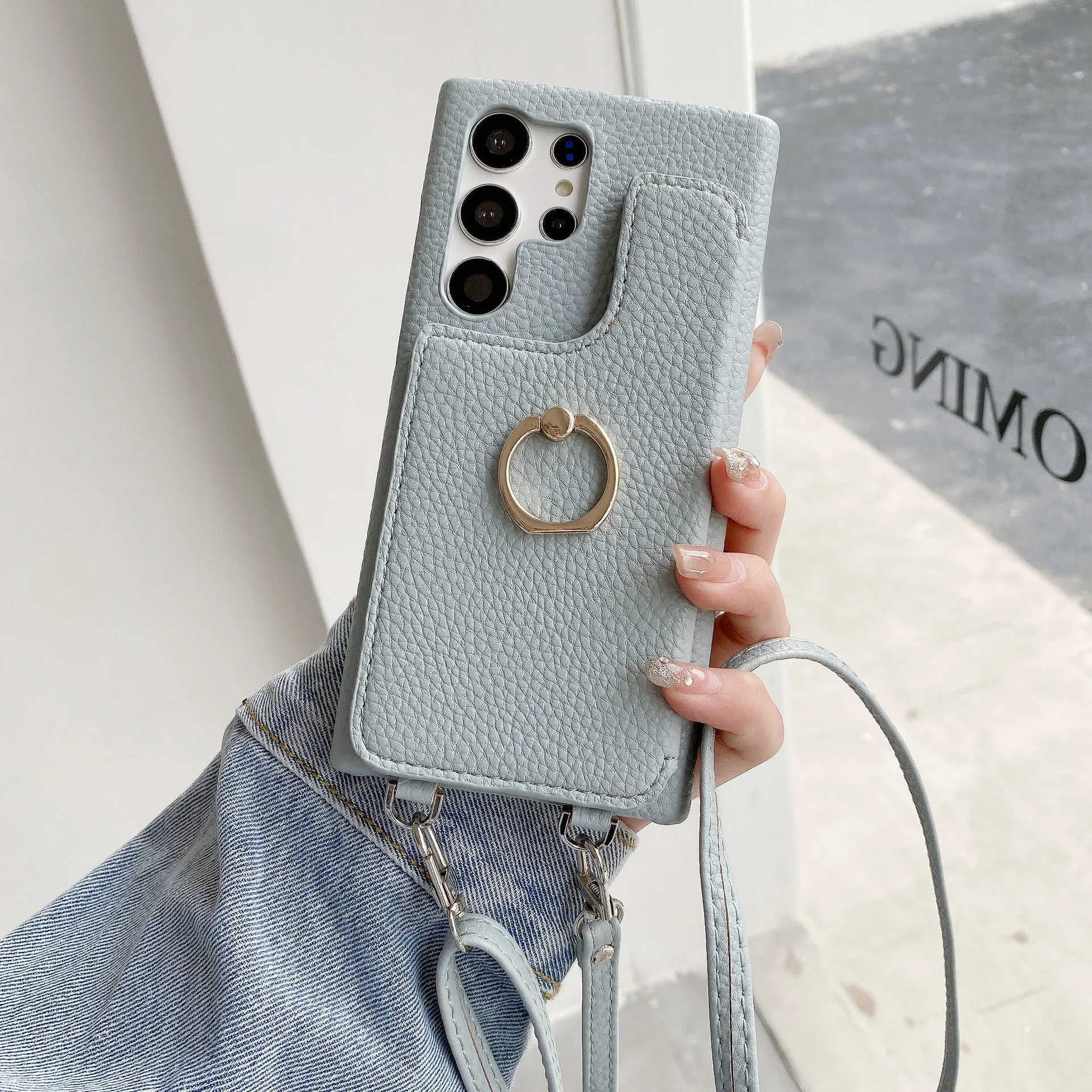 

Lychee Pattern Leather Crossbody with Card Holder Phone Case for Samsung Galaxy S23 S24 S25 Ultra S22 Plus Finger Ring Cover
