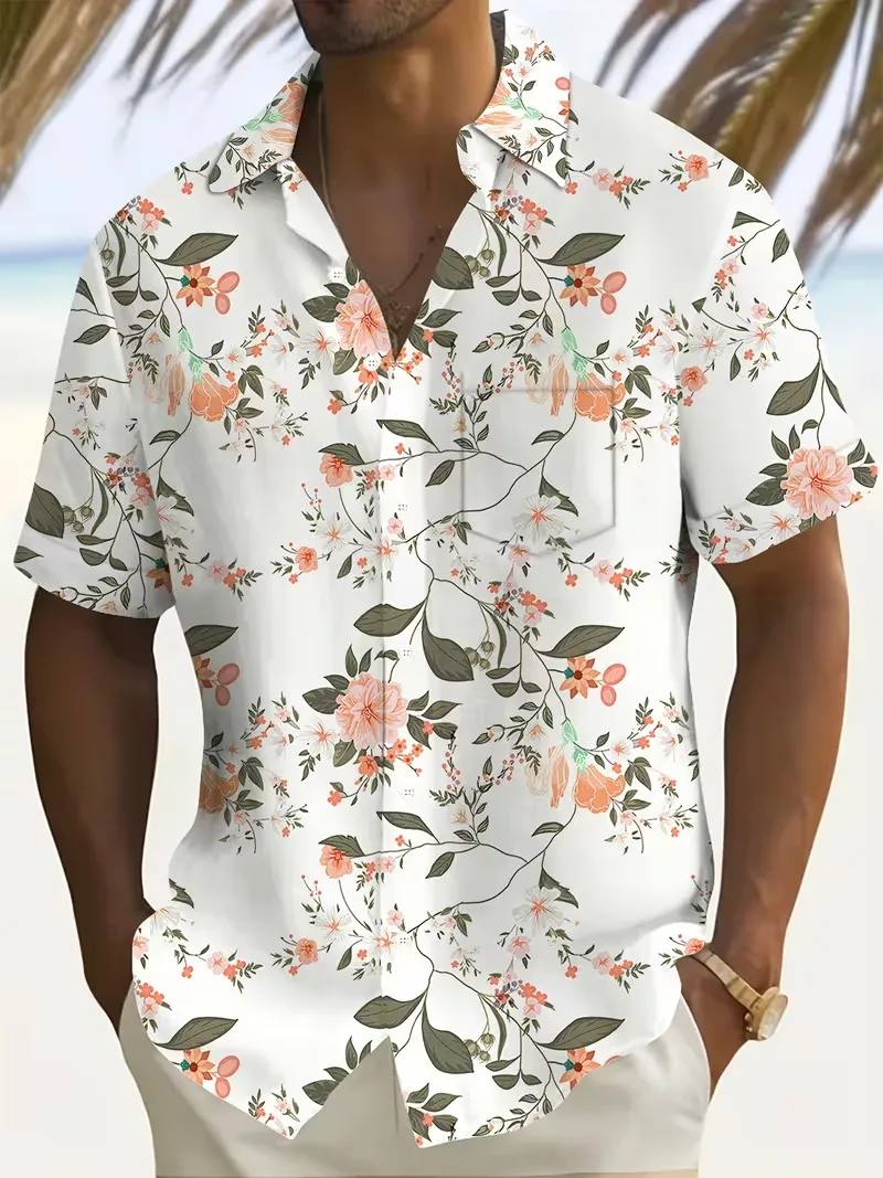 

Винтажная мужская рубашка с ботаническим цветочным принтом, светло-голубая, с полосатой отделкой, коротким рукавом, на пуговицах, для отпуска, в гавайском стиле