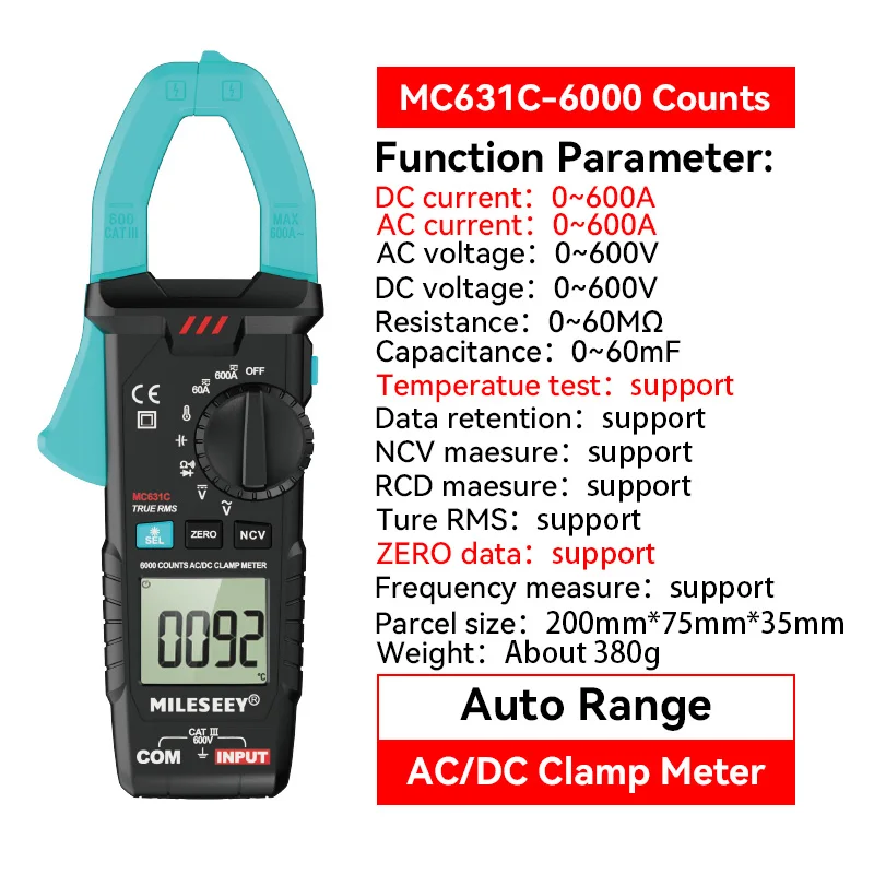 Mileseey Digital Clamp Meter 6000 counts Frequency Duty Cycle Resistance Measure Non Contact Voltage Tester ACV/DCV AC Ammeter