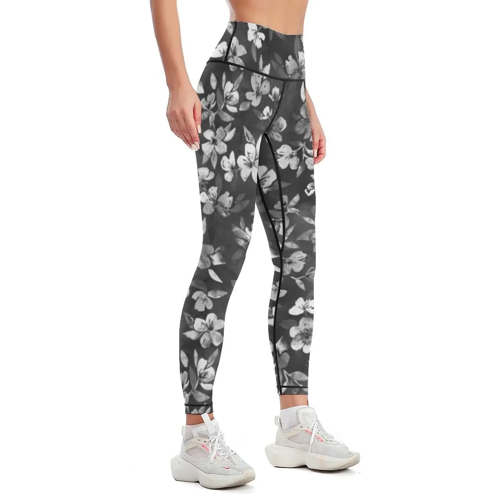 Blossoms on Charcoal Ink Leggings gym clothing exercise clothing for Womens Leggings