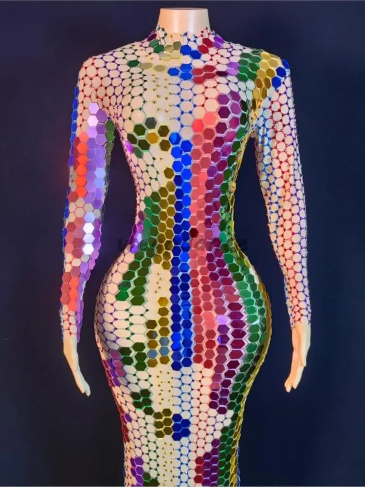 Party Model Mesh Colorful Mirrors Rhinestones Wrap Hip Long Dress Performance Costume For Woman
