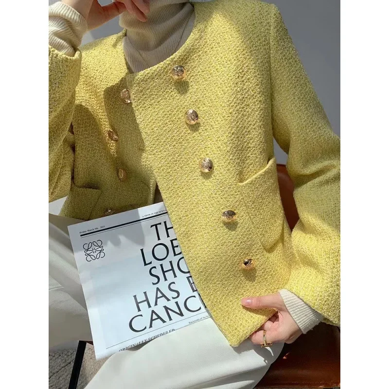 سترة مبطنة قصيرة بأزرار مزدوجة على الطراز الفرنسي الحلو ورقبة دائرية متعددة الاستخدامات لربيع الخريف معطف صغير أنيق للسيدات #4