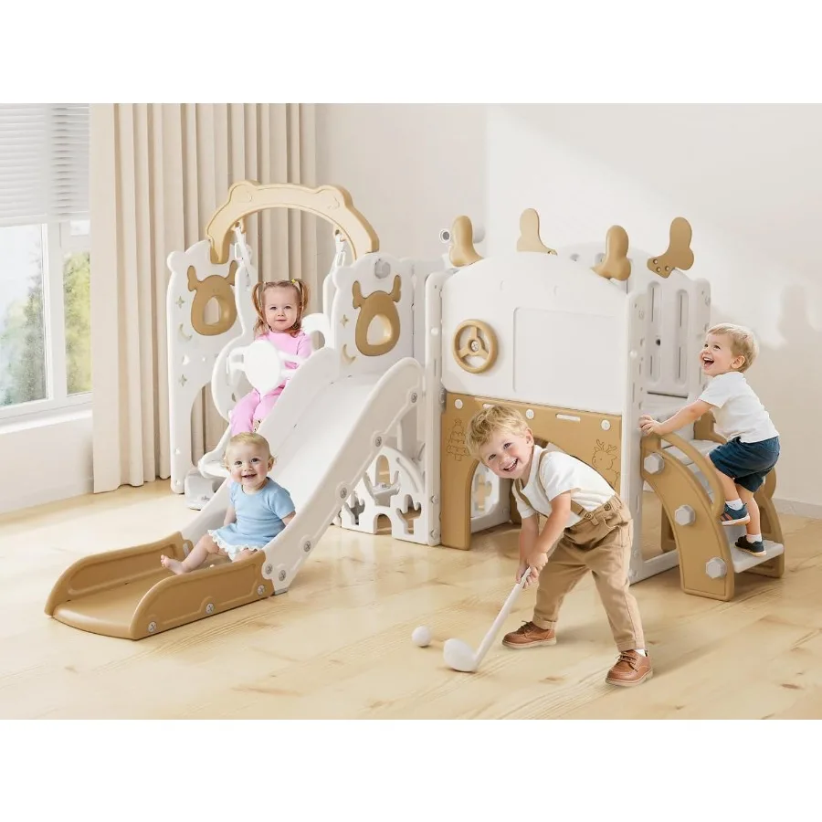 

Outdoor Indoor Toddler Slide and Swing Set for Ages 1-3 with Golf Set Basketball Hoop Drawing Board Brown 13 in 1 Playset