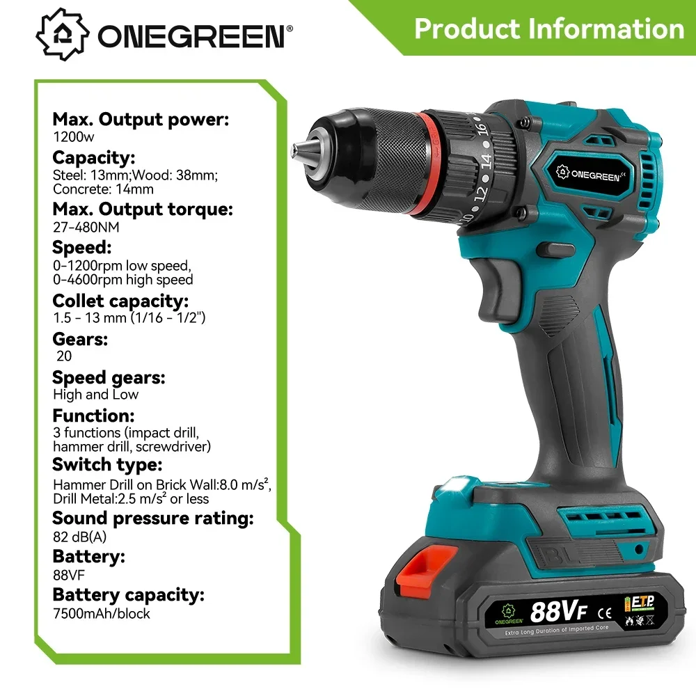 ONEGREEN 480N.M 13mm Brushless Electric Impact Drill Cordless Drill Electric Screwdriver Power Tools For Makita 18V Battery Pin