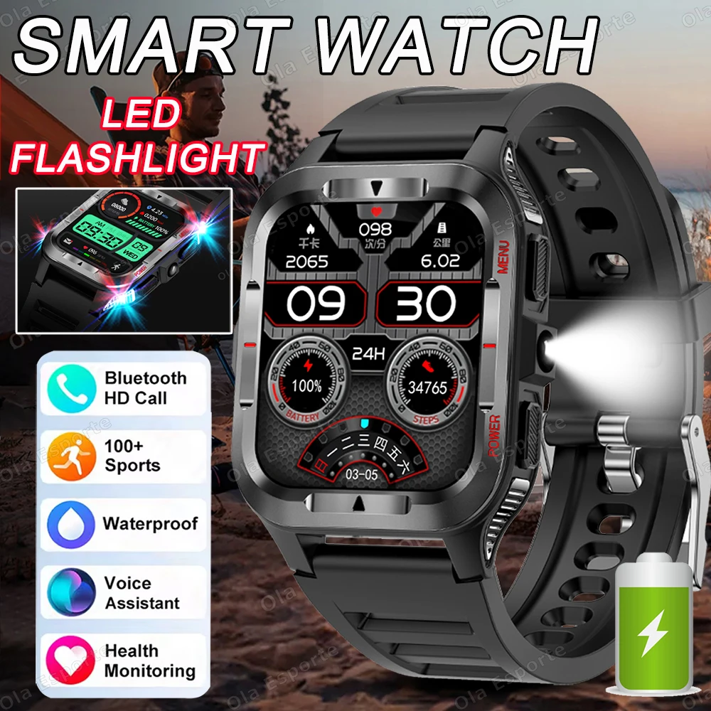 

Смарт-часы военного класса для мужчин, 1,83 дюйма, AMOLED-экран, водонепроницаемые часы, спортивный фитнес-трекер, BT Call, светодиодный фонарик, умные часы