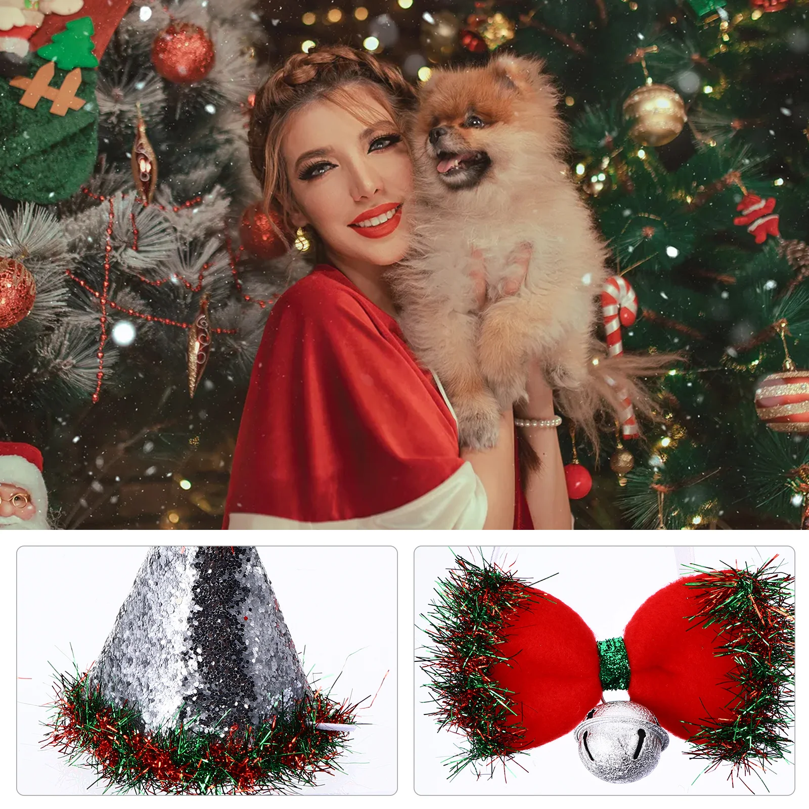 

1Set Christmas Pet Hat Bow Tie Set Polyester Festive Pattern Bright Color Dog Cat Dress Up Accessory Bell Decor Pet Supplies