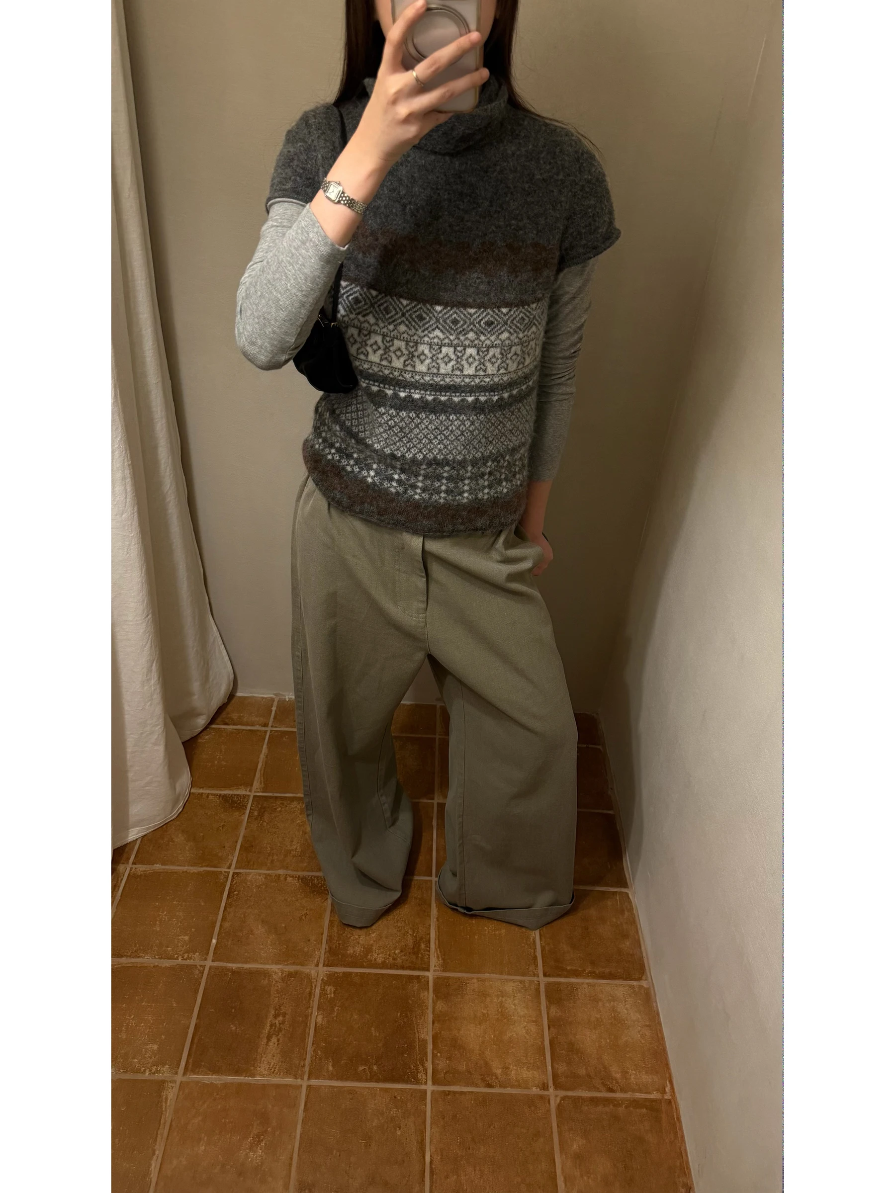 

POXFFEE23 Женский вязаный свитер из шерсти альпаки с высоким содержанием (8% альпака), узором Fair Isle, высоким воротом и коротким рукавом, винтажный, свободного кроя, с геометрическим узором