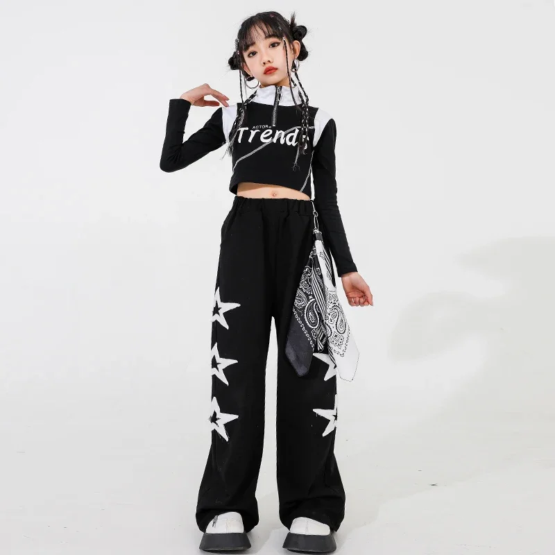 Black Cargo Pant Kids Ballroom Outfits Street Dance Joggers Clothes Sets Child Streetwear Jazz Costumes Girls Hip Hop Crop Tops