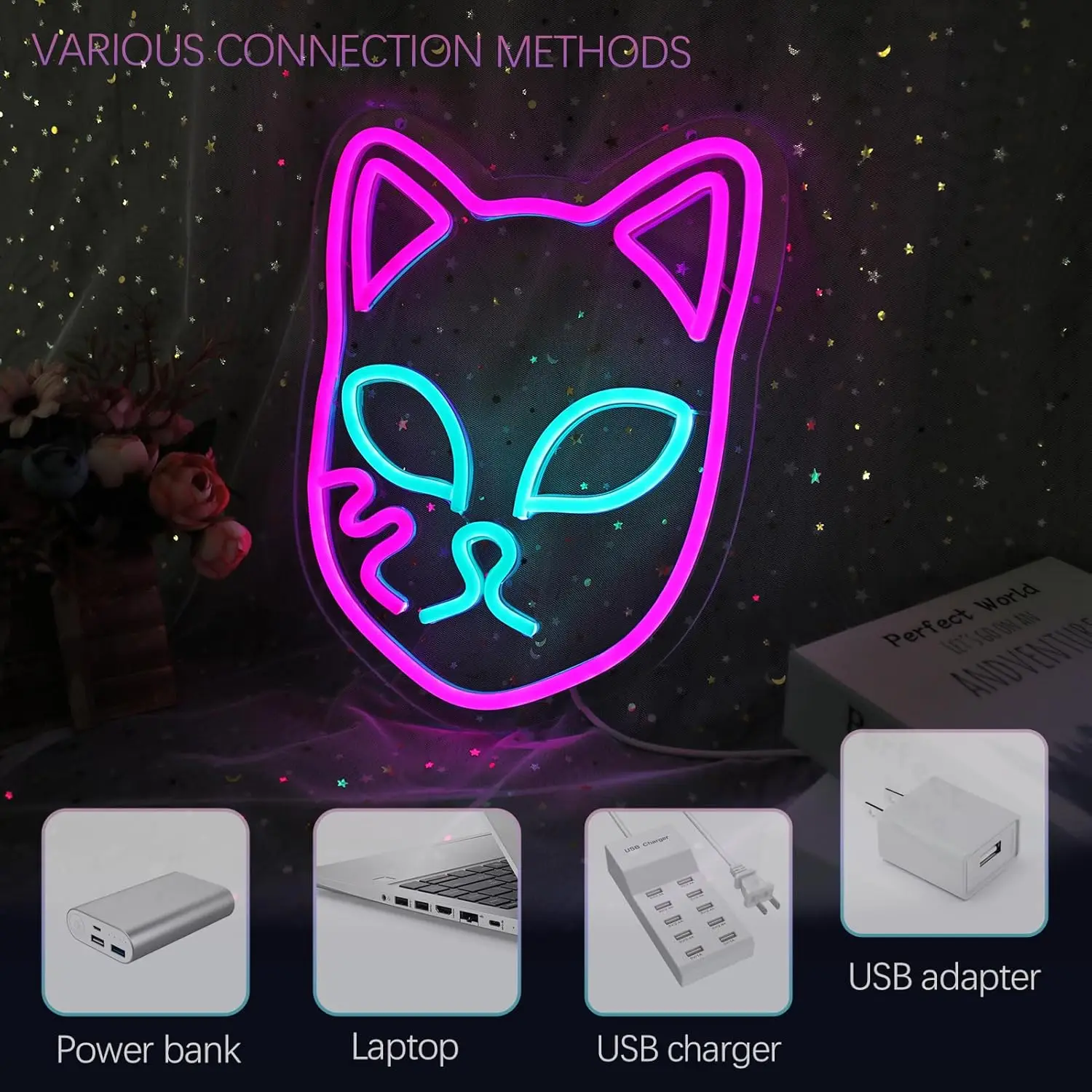 Cat Face Neon Sign LED Wall Art USB Powered Cute Kitty Eyes Whiskers Bedroom KidsRoom Vanity Desk Pet Lover Aesthetic Wall Decor