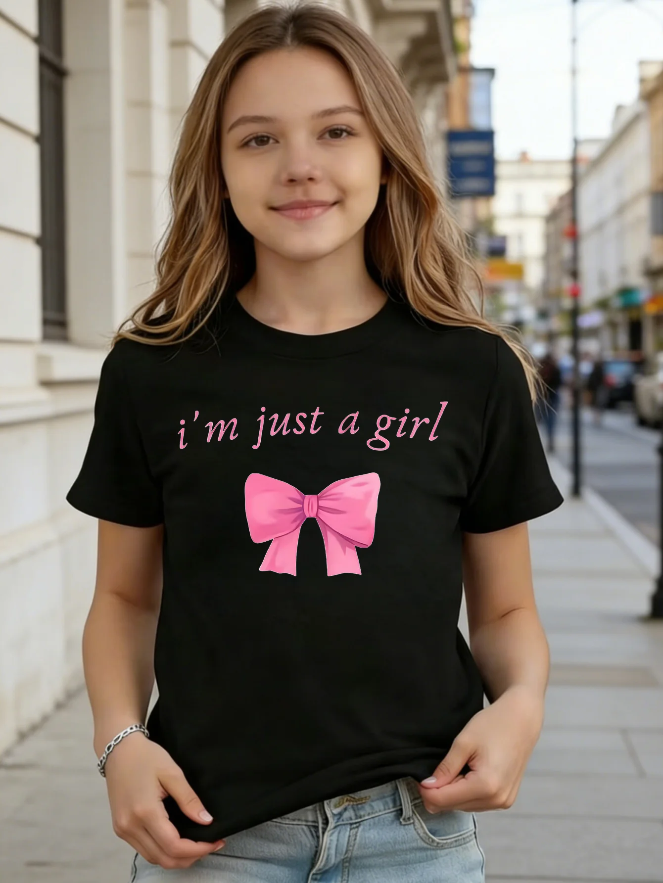 I Am Just A Girl Kids Tee Pink Bow Letter Print Boys Girls Family Matching Cotton Summer Short Sleeve Basic Children Tshirt