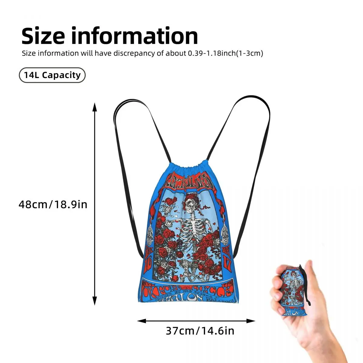 Grateful Dead Rock Band Drawstring Backpack hiking cycling Bag Lightweight Foldable Storage Drawstring Bag for Men Women