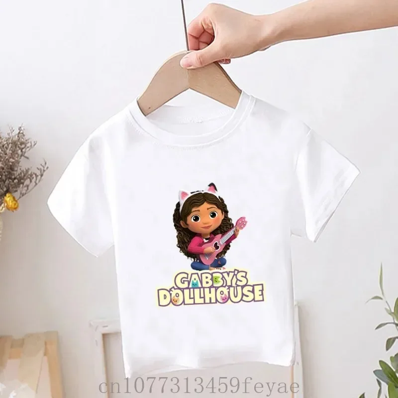 Disney Cute Gabbys Doll House Print Kids T-shirt Kawaii Children's Clothes 2023 Summer Cartoon Girls Tops Baby Boys T shirt