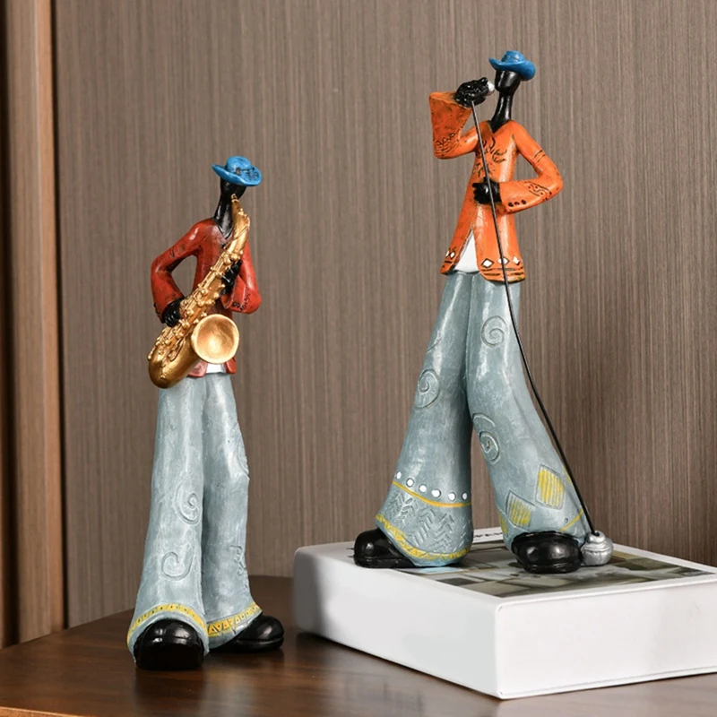 WISH Jazz Band Player Figurines Vintage Musician Figure Resin Statues Desktop Ornament Retro Sculpture Home Indoor Decor