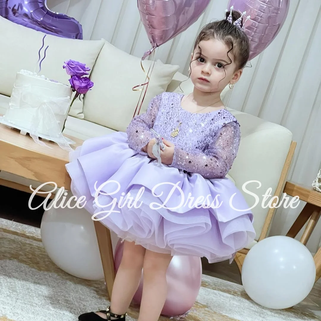 Vestido de niña de flores morado personalizado para boda, lentejuelas, manga larga hasta la rodilla, vestido de fiesta para desfile para niños, vestidos de primera comunión