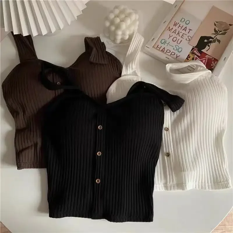 Women Summer Elastic Tank Top Crop Camisole Sleeveless T Shirt Spaghetti Vest Knitted Camis Female Vest Tops White Black