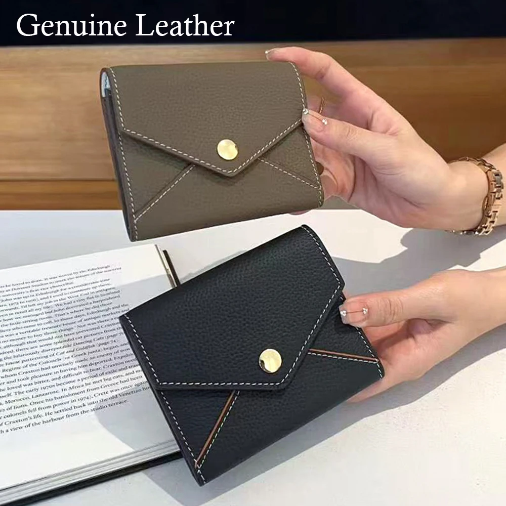 Genuine Leather Ladies Women Card Wallet Top Grain Leather Short Bifold Wallet Brand Design Color Block Mini Card Coin Purse