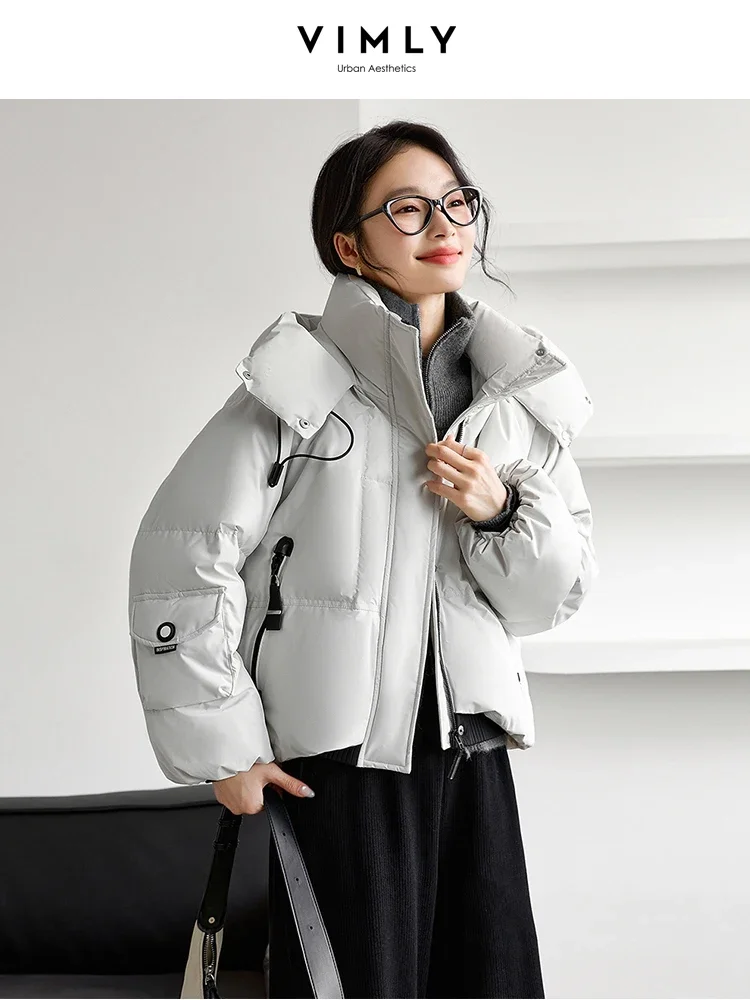 VIMLY, ropa de calle para mujer, Chaqueta corta de plumón de pato blanco grueso y cálido para invierno, Parkas de nieve con capucha informales