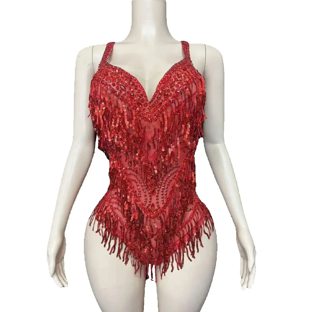 Body con nappe con strass rossi scintillanti e paillettes, da donna, sexy, trasparente, per spettacoli, feste da ballo, costumi da palcoscenico