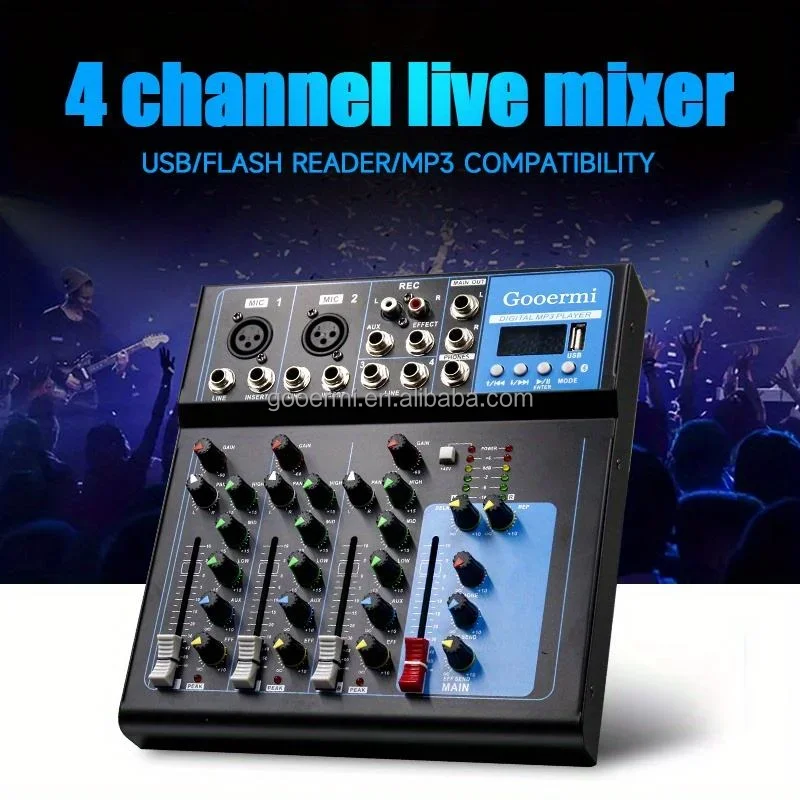 F4 4-Channel Sound Mixer Audio With 48v Phantom Power USB Audio Mixer Board for Live Streaming Recording Music Stage Karaoke