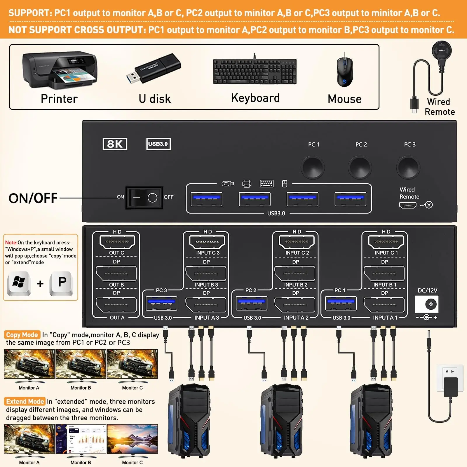 Imagem -02 - Switch Hdmi e Displayport para Computadores Monitores Usb 3.0 Switcher Kvm 8k @ 30hz 4k @ 144hz Monitor Triplo dp Novo