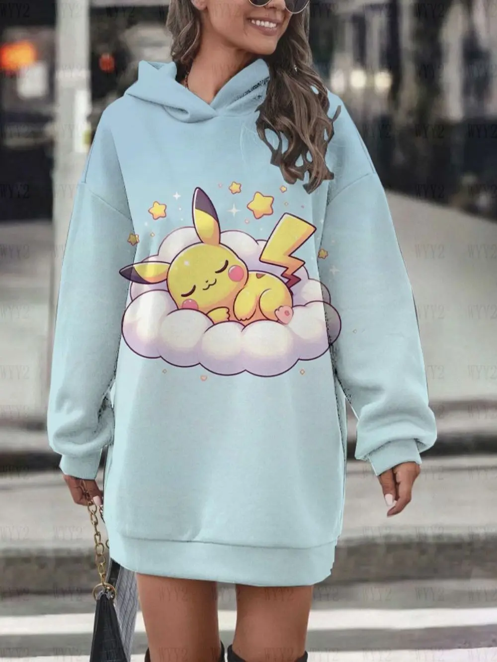 New sportswear Anime Pikachu light color print casual age-reducing long sleeve Korean style fashion loose hoodie dress women's