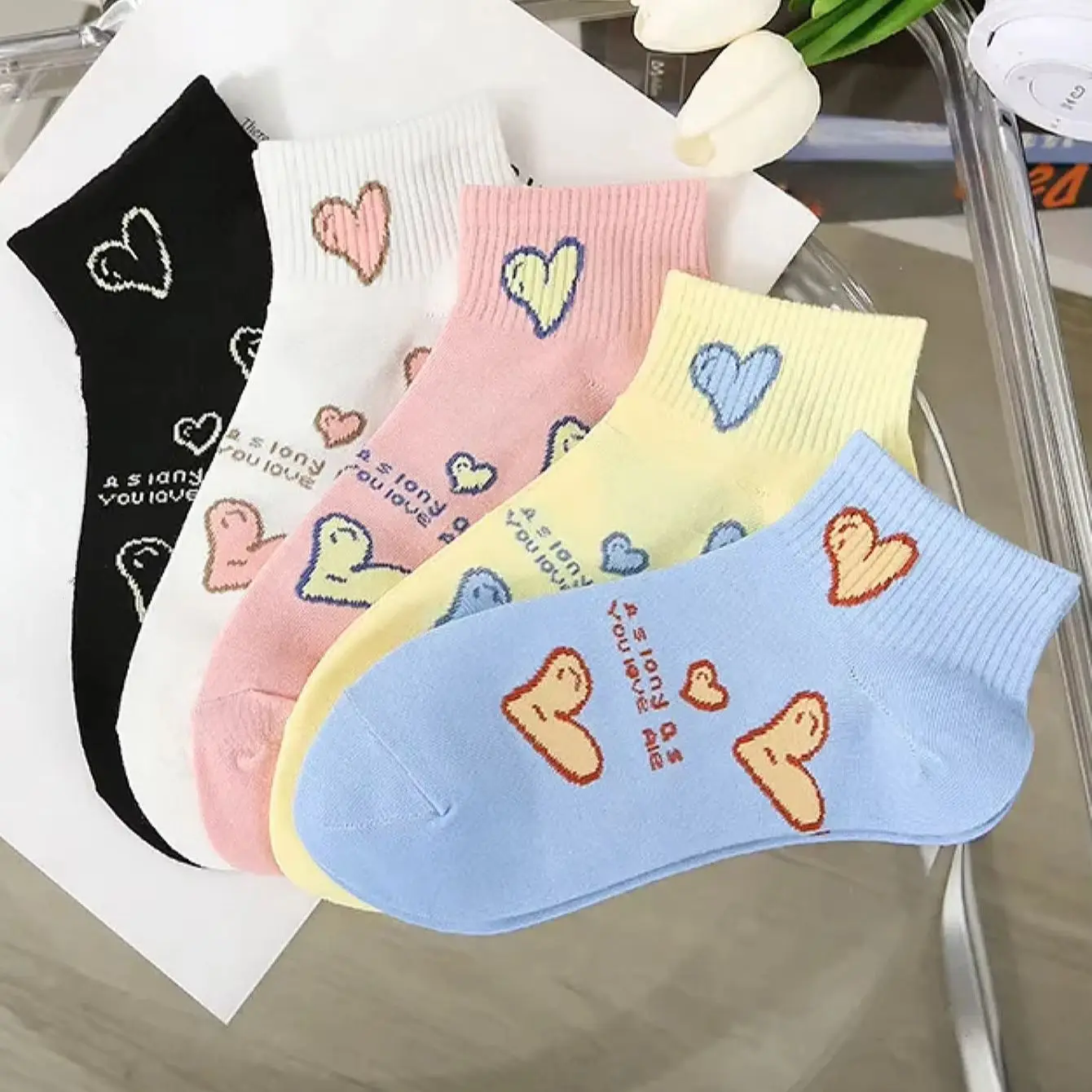 Women Summer Cute Heart Print Ankle Socks Low Cut Short Socks Breathable Casual Running Sports Socks Sweet Harajuku Kawaii Style