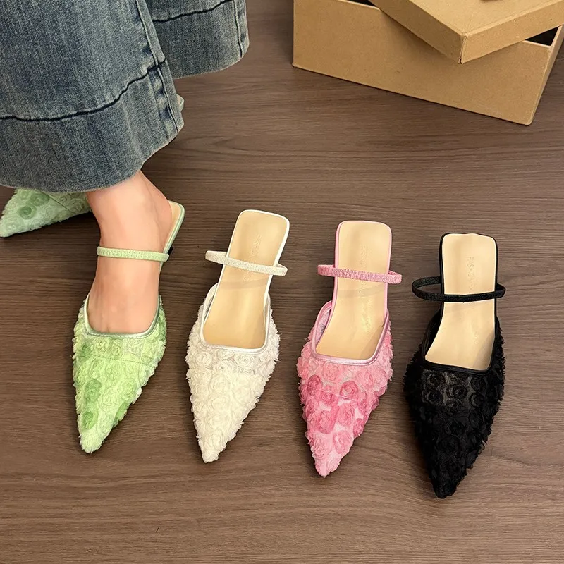 New Popular White Embroidery Lace Heels Mule Slide Woman Point Toe Stiletto Bride Shoes Ladies Elegant Wedding Party Dress Pumps