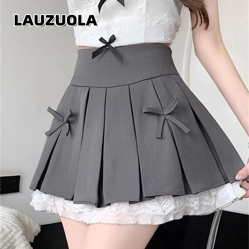 Women's Sweet High Waist Pleated Mini Skirt 2026 New Summer Bow Decor Lace Hem Preppy Style A-Line Skirt Japanese Uniform Skirt