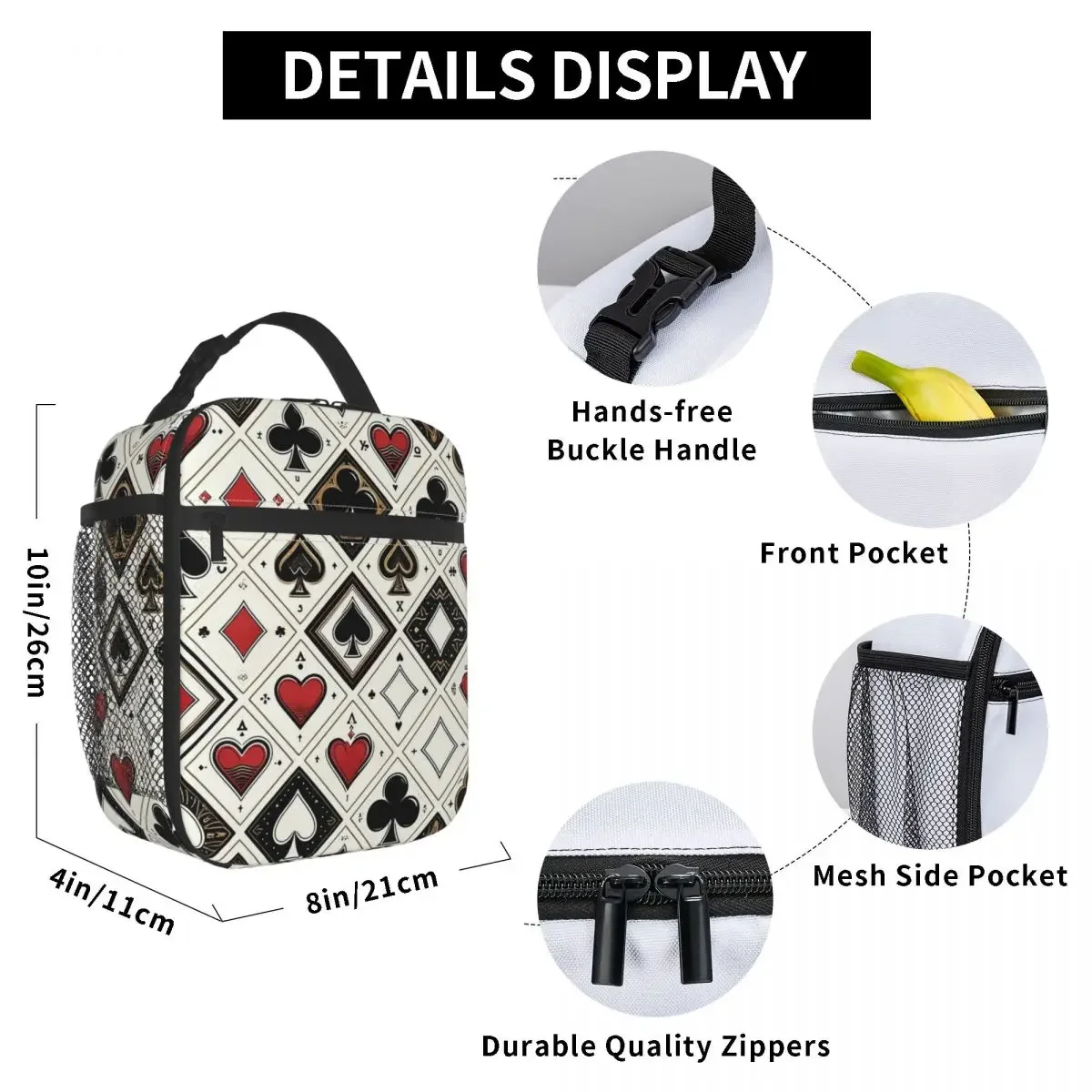 Casino Playing Card Symbols Diamond Heart Spade Clubs Insulated Lunch Bag for Women Children Food Boxes Thermal Lunch Box Tote