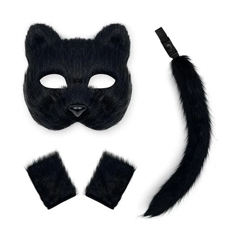 4PCS Faux Fur Cat Ears Hair Clip Furry Wolf Fox Long Tail Costume Halloween Party Neck Chocker Wolf Cosplay Set Mask Wolf Tail