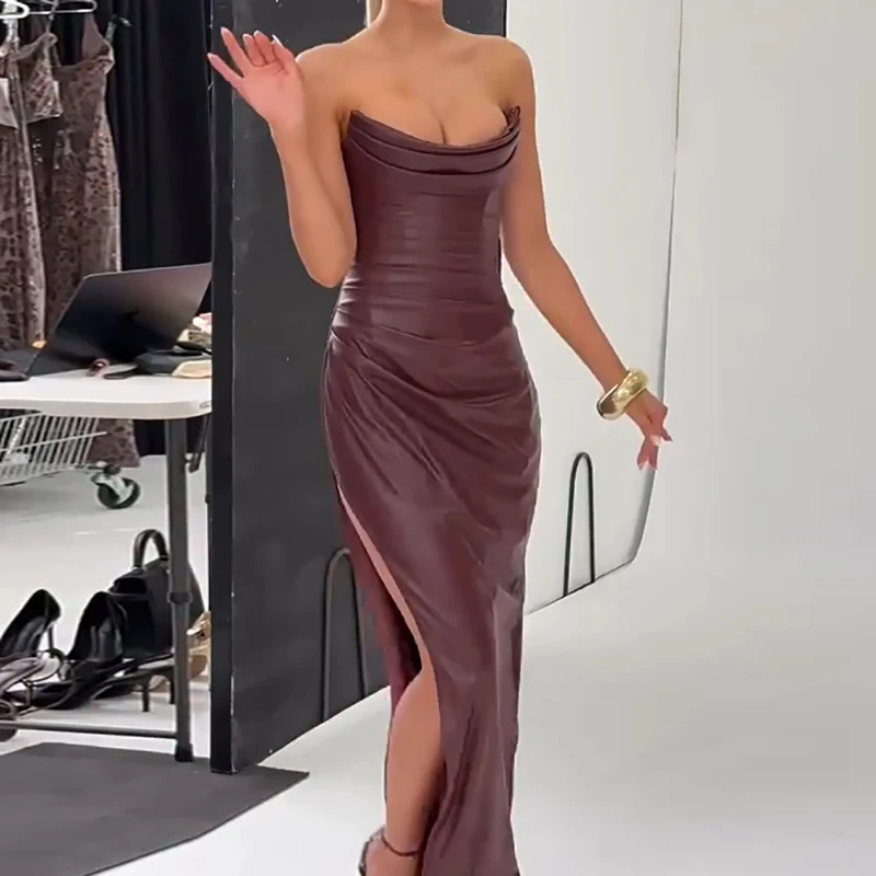 Vestido Sexy de cintura alta sin tirantes para mujer, vestido largo informal con abertura lateral de Color sólido, vestido de banquete calado con espalda descubierta a la moda