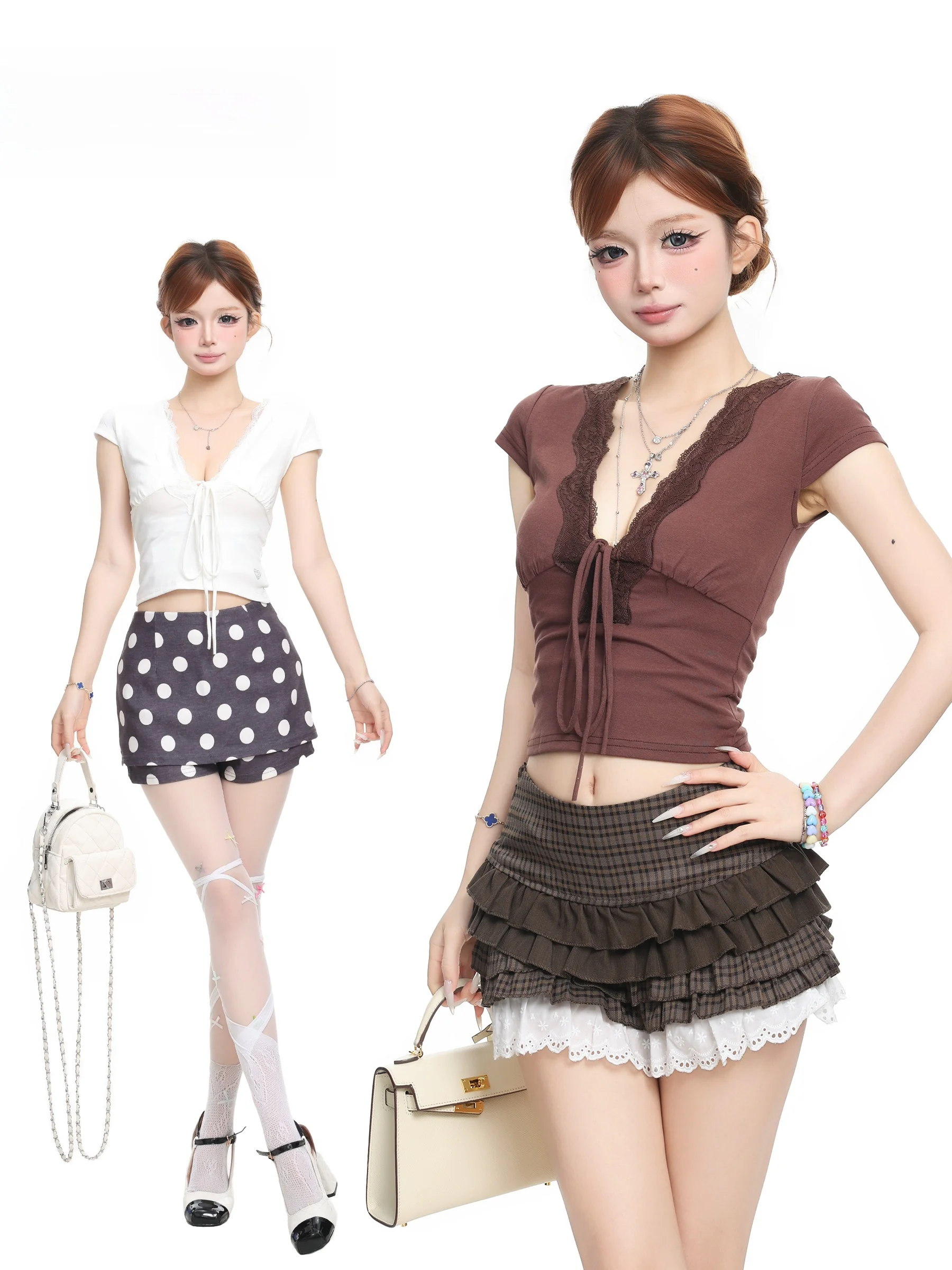 Basterds Pure Desire Sexy Lace Tie V-neck Short Sleeve T-shirt Women Summer Spicy Slimming Short Style Top Breathable Cotton