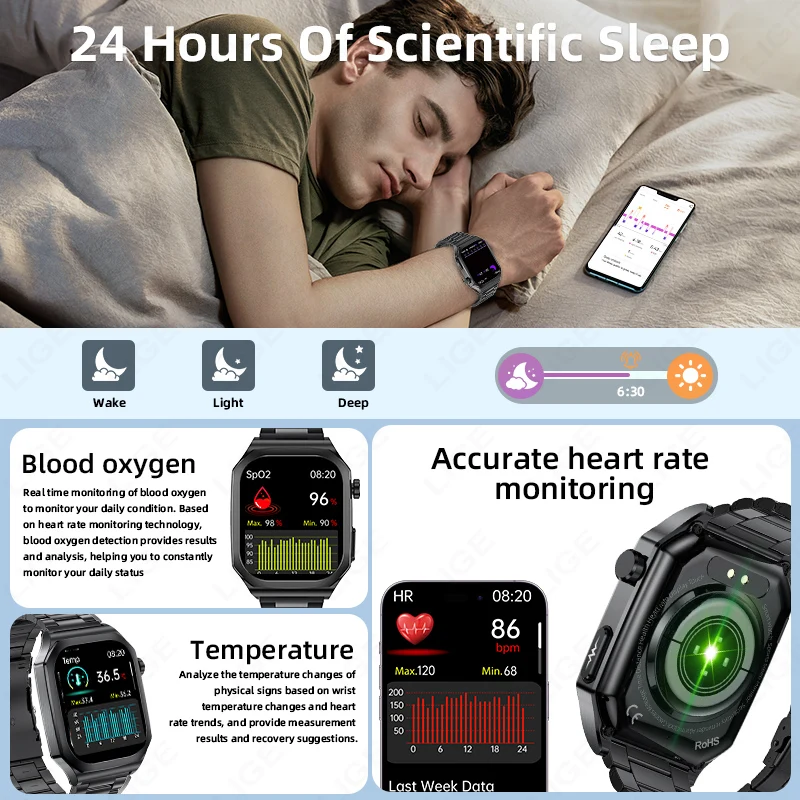 LIGE Smart Watch Men ECG 2.04inch AMOLED Heart Rate Blood Uric Acid Women's Health Monitoring Waterproof Fitness Smartwatch 2025