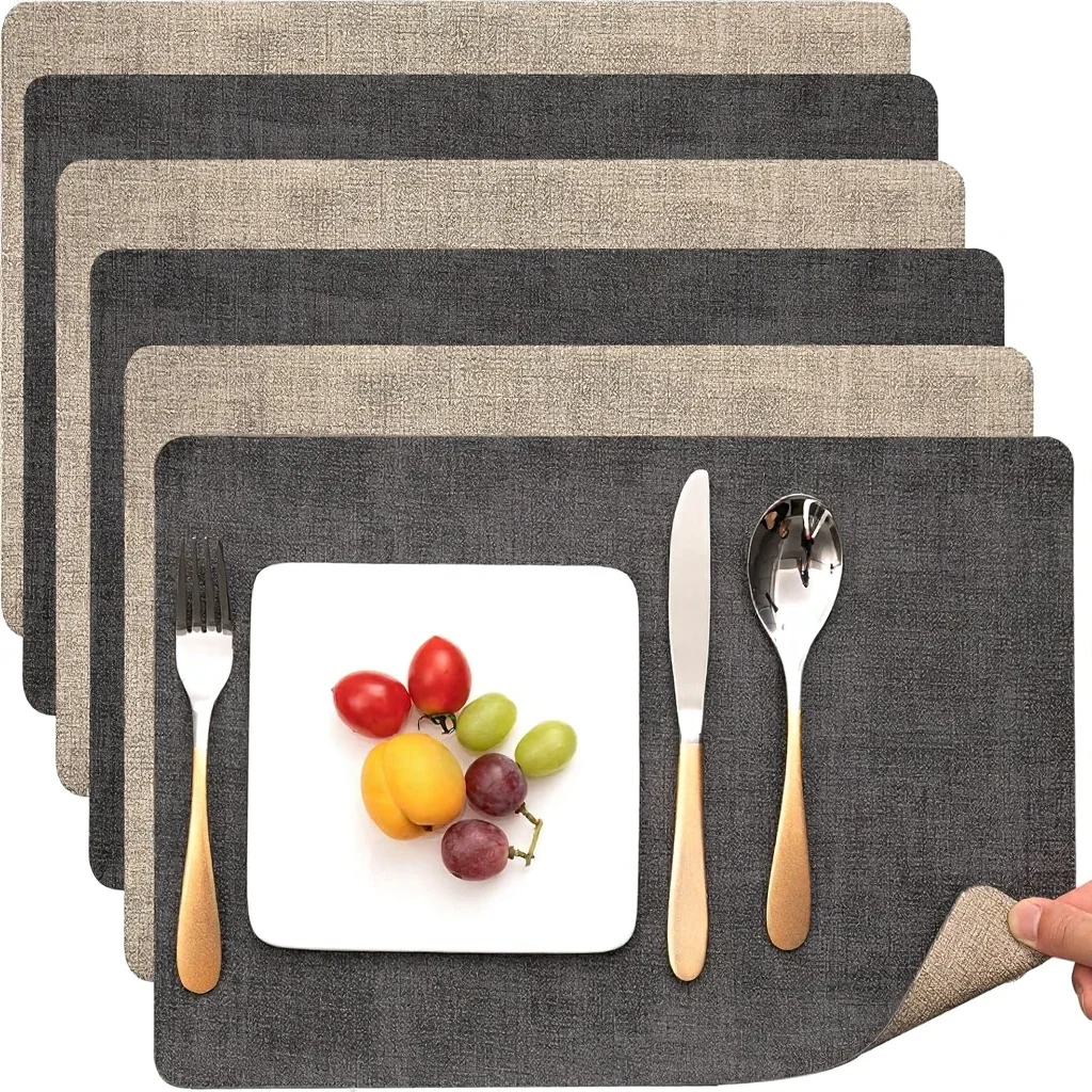 Dual Sided Faux Leather Square Placemats Set of 6 Non-Slip & Washable (Gray Beige) Indoor/Outdoor Use