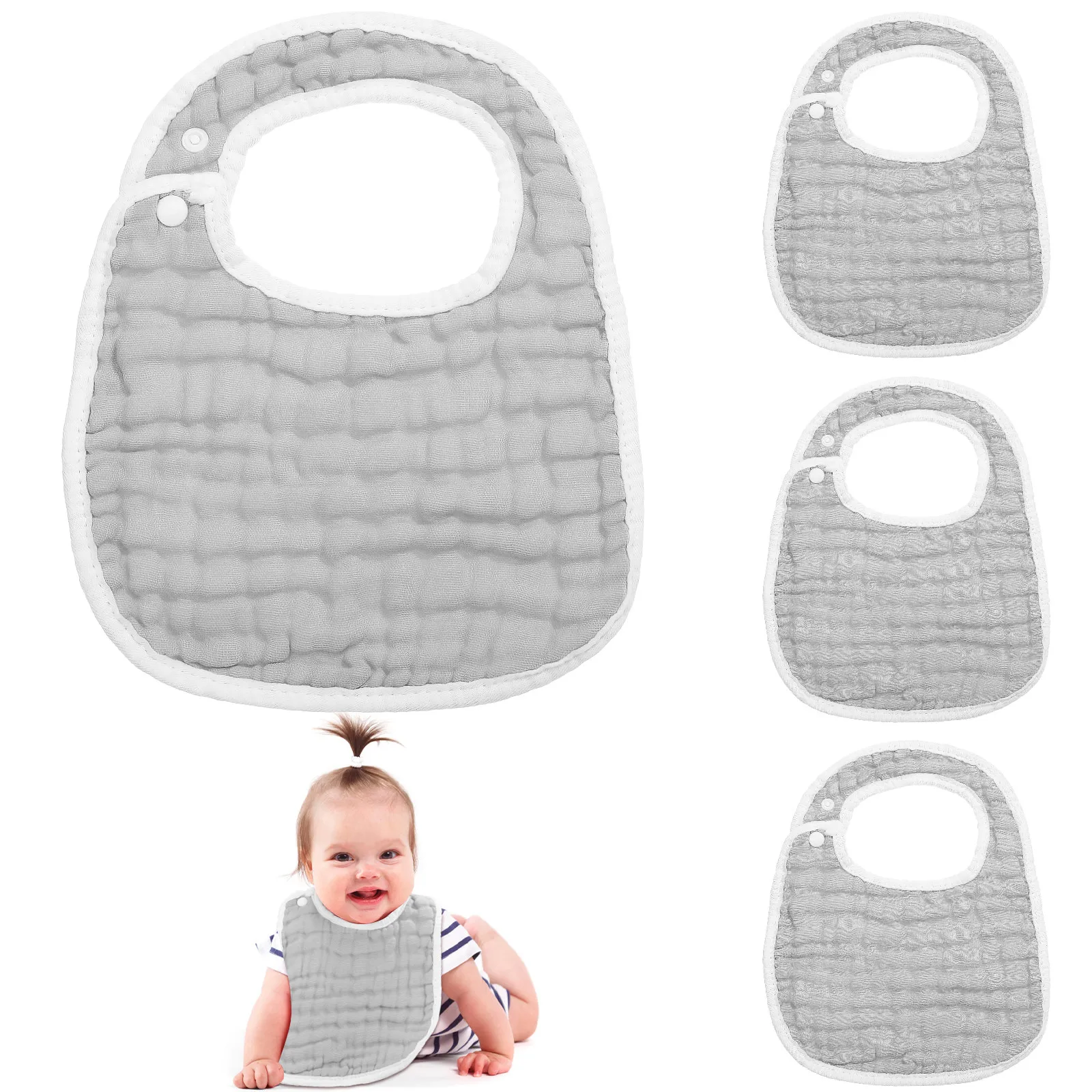 

4Pcs Baby Drool Bibs Cotton Muslin Soft Highly Absorbent Adjustable Snap Button Closure Feeding Bandana Bibs Neutral