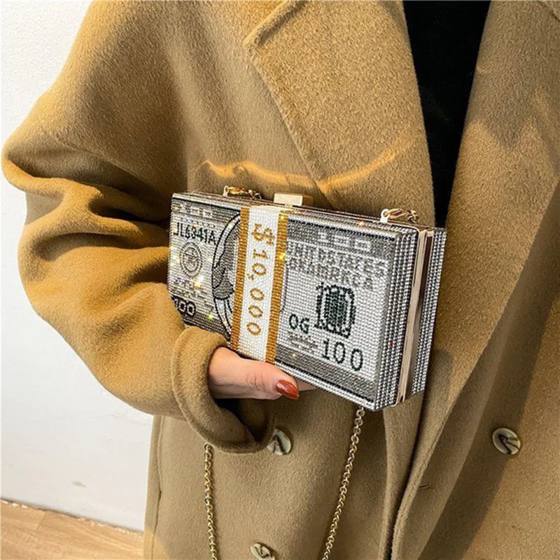 Luxury Money Clutch Rhinestone Purse 10000 Dollars Stack of Cash Evening Handbags Shoulder Wedding Dinner Bags 8 Color Wallet