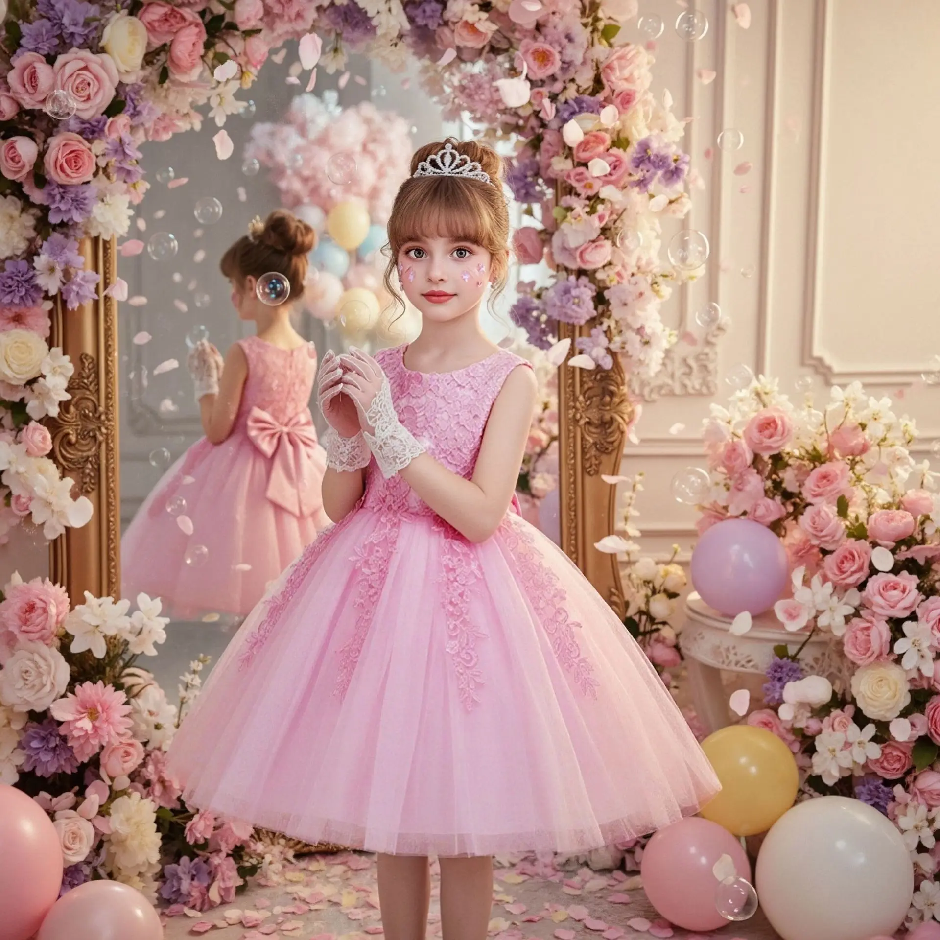 Lace Flower Girl Dress Sleeveless Pink Tulle Kids Princess Party Dress Embroidery Applique for Wedding Bridesmaid Birthday 1-8Y