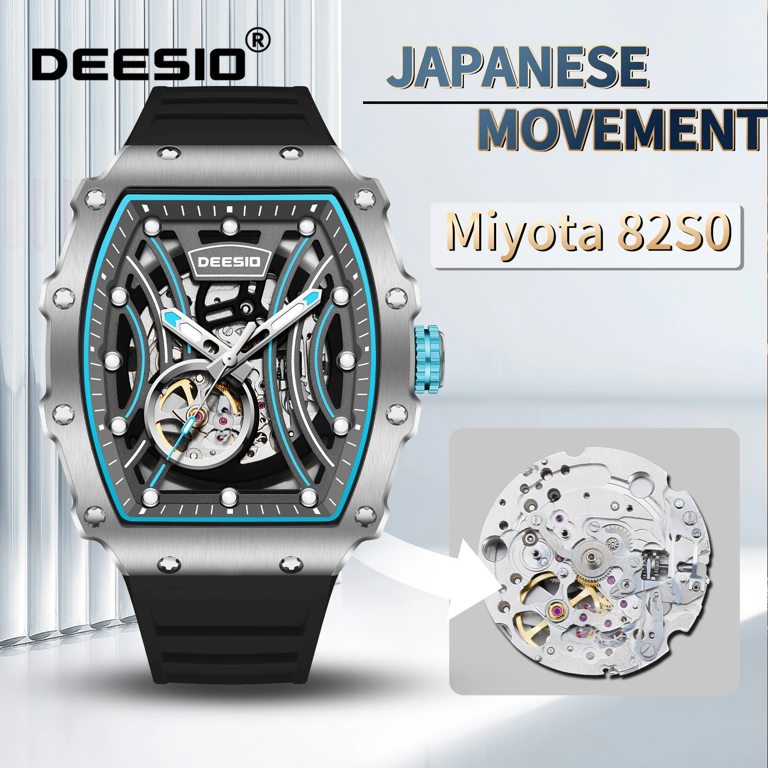

DEESIO Popular Men's Automatic Mechanical Watch with MIYOTA 82S0 Movement Stainless Steel Case Luminous and Waterproof Watch
