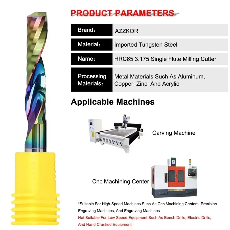 AZZKOR 3.175mm Single Flute Colorful Coating Milling Cutter Tungsten Steel Carbide For Aluminum PVC Carving Cutters
