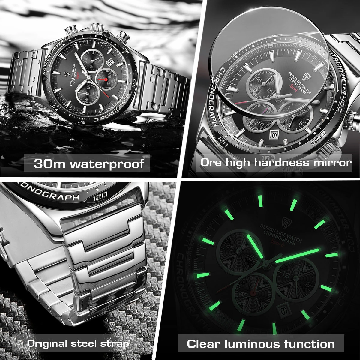 LIGE Fashion Silver Man Watch Businsess Stainless Steel Watches Mens Waterproof Luminous Date Quartz Wrist Watch for Men Clock