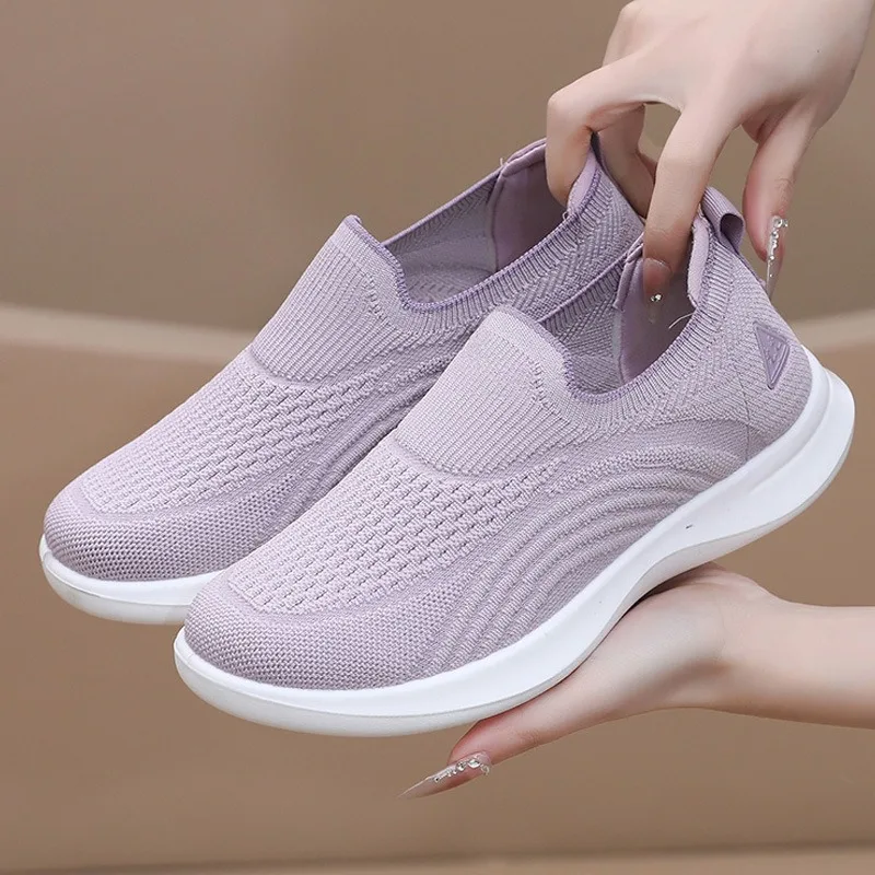 Breathable Mesh Women's Knit Sneakers Lightweight Non Slip Comfortable Casual Sports Shoes Summer Solid Low-Top Walking Footwear