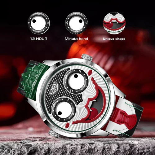 Imagen 2 del producto Reloj LIGE Cool Joker para Hombre, relojes clásicos de payaso para Hombre, correa de cuero de moda, relojes de pulsera de cuarzo resistentes al agua para Hombre, Reloj para Hombre