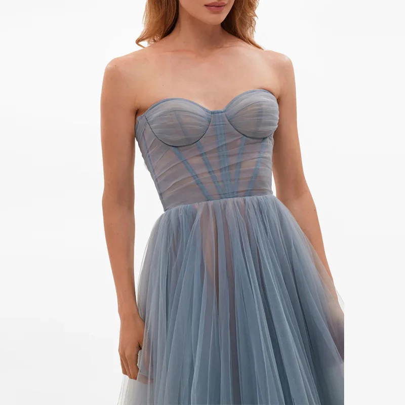 

Casual Hollow Backless Pleats Party Dress One Shoulder Lantern Sleeves Mesh Long Dress Fashion High Waist Swing Bridesmaid Dress