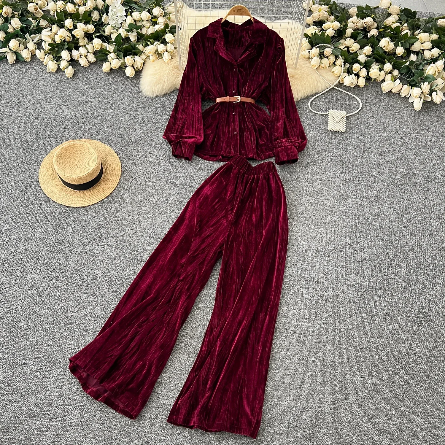 Chic Women Two-Piece Sets Slim Turn-down Collar Lantern Sleeve Bandage Top and High Waist Wide Leg Pants High Street Clothing