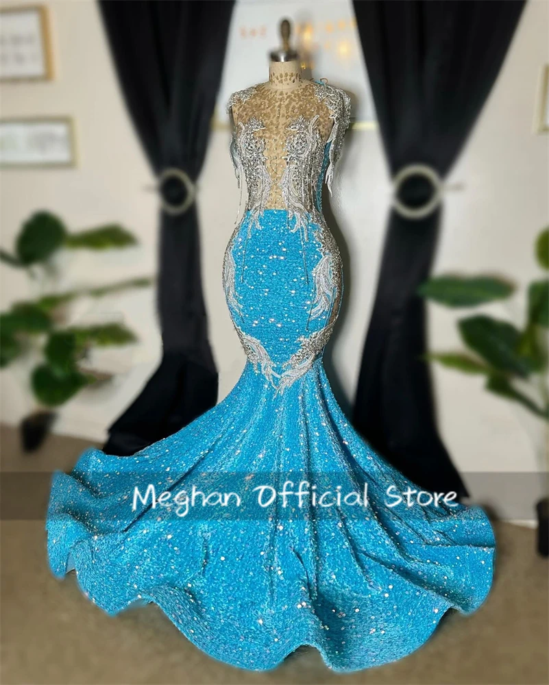 

Sky Blue Sheer O N Long Prom Dresses Black Girl Bead Applique Birthday Party Gowns Sequin Tassel Evening Gown Robe De Customized