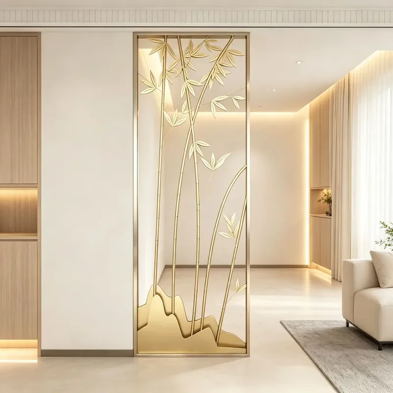New Chinese Style Bamboo Landscape Iron Screen Partition for Living Room Entrance Decorative Room Divider Customizable