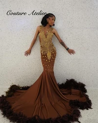 Chocolate Brown Fearhers Gold Rhinestones Prom Dresses For Blackgirls 2024 New In Formal Occasion Dress African Wedding Gowns