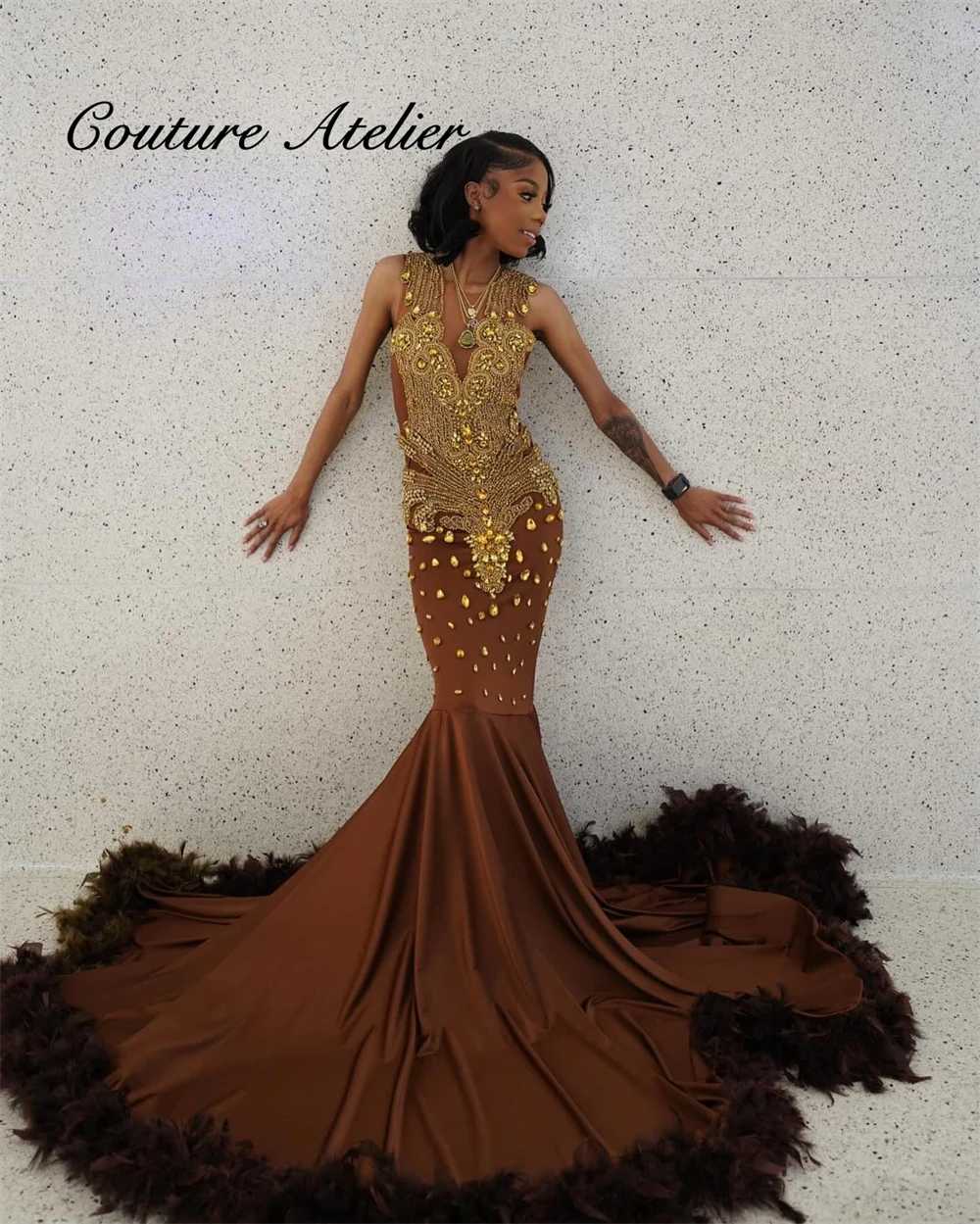 Chocolate Brown Feathers Gold Rhinestones Prom Dresses Black Girls 2024 New In Formal Occasion African Wedding Gowns Customized